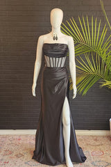 Prom Dresses Navy, Black Strapless Mermaid Satin Long Prom Dress with Slit