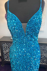 Prom Dresses Shops, Blue Sequin Plunge V Mermaid Long Prom Dress with Slit