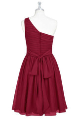Mother Of The Bride Dress, Wine Red Chiffon One-Shoulder Gathered Short Bridesmaid Dress