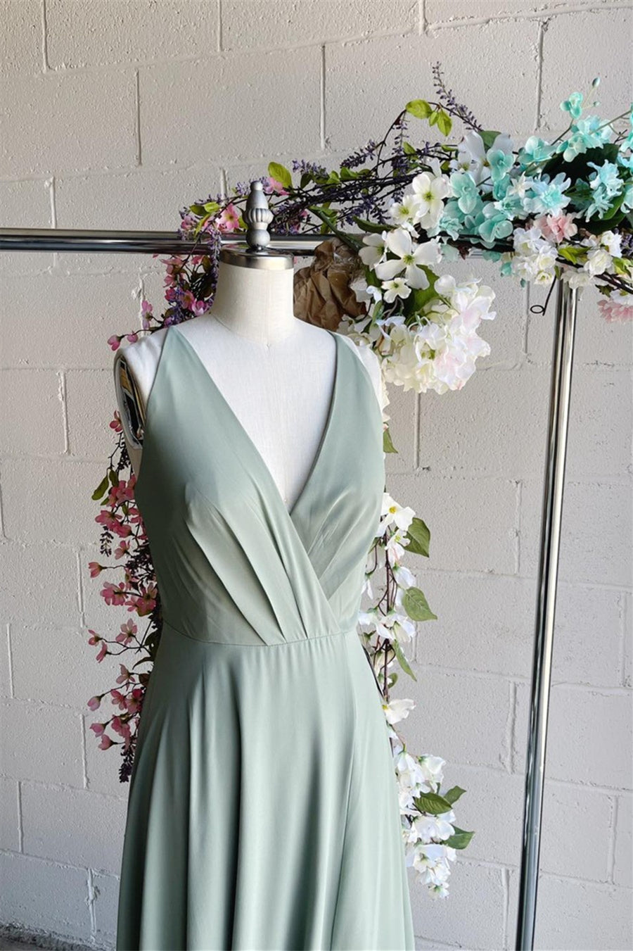 Wedding Aesthetic, Light Green A-line V Neck Pleated Sleeveless Chiffon Long Bridesmaid Dress