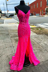 Bridesmaids Dress Mismatched, Neon Pink Floral Lace V-Neck Mermaid Long Formal Dress with Slit