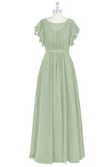 Formal Dresses Long Sleeved, Elegant Sage Green Ruffled A-Line Long Bridesmaid Dress