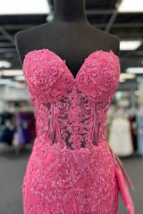 Party Dress Couple, Hot Pink Appliques Strapless Mermaid Long Prom Dress
