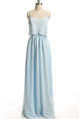 Evening Dress Long Sleeve, Dusty Blue Chiffon Spaghetti Straps Ruffled Long Bridesmaid Dress