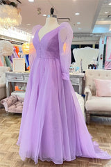 Party Dresses Maxi, Lavender Tulle V Neck Illusion Neck Pleated Long Prom Dress