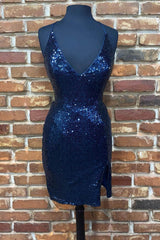 Festival Outfit, Cute Navy Blue Sequins Tight Mini Homecoming Dress