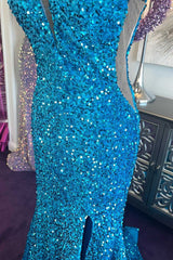Prom Dresses Inspired, Blue Sequin Plunge V Mermaid Long Prom Dress with Slit