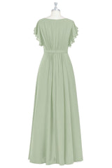 Formal Dresses For Middle School, Elegant Sage Green Ruffled A-Line Long Bridesmaid Dress