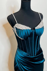Homecoming Dress Styles, Dark Blue Mermaid Beaded Pleated Satin Long Prom Dress with Slit