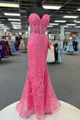 Party Dresses Modest, Hot Pink Appliques Strapless Mermaid Long Prom Dress