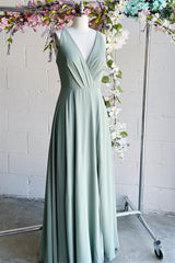 Champagne Bridesmaid Dress, Light Green A-line V Neck Pleated Sleeveless Chiffon Long Bridesmaid Dress