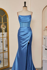 Prom Dress Boutiques, Blue Pleated Strapless Mermaid Satin Long Prom Dress with Slit