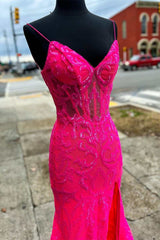Bridesmaid Dress Mismatched, Neon Pink Floral Lace V-Neck Mermaid Long Formal Dress with Slit