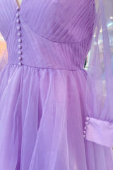 Party Dresses Shorts, Lavender Tulle V Neck Illusion Neck Pleated Long Prom Dress