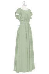 Formal Dresses Long Sleeves, Elegant Sage Green Ruffled A-Line Long Bridesmaid Dress