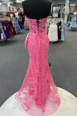 Party Dress Modest, Hot Pink Appliques Strapless Mermaid Long Prom Dress