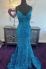 Prom Dress Shops, Blue Sequin Plunge V Mermaid Long Prom Dress with Slit