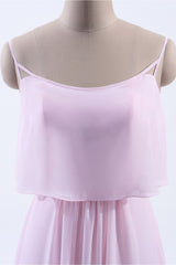 Prom Dress Colors, Pink Flounce Chiffon Straps A-line Long Bridesmaid Dress