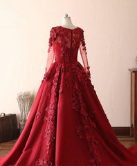 Formal Dress For Woman, Burgundy Lace Satin Long Prom Dress, Burgundy Lace Evening Dress