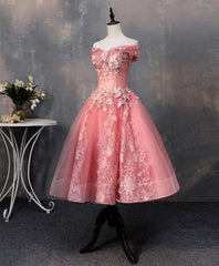 Party Dress Websites, Pink Tulle Lace Off Shoulder Short Prom Dress, Pink Homecoming Dress