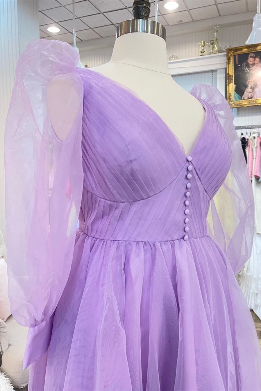 Party Dress Styling Ideas, Lavender Tulle V Neck Illusion Neck Pleated Long Prom Dress