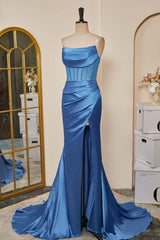 Prom Dress Idea, Blue Pleated Strapless Mermaid Satin Long Prom Dress with Slit