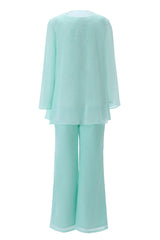 Prom Dresses Two Piece, Aqua Three-Piece Chiffon Mother of the Bride Pant Suits