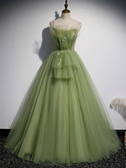 Party Dress Outfits Ideas, Green Tulle Long Prom Dress, Green Tulle Formal Dress