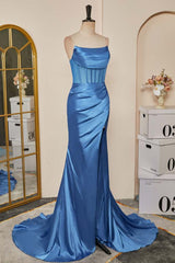 Prom Dress Fabric, Blue Pleated Strapless Mermaid Satin Long Prom Dress with Slit