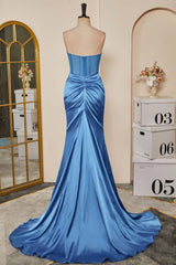 Prom Dresses Boutique, Blue Pleated Strapless Mermaid Satin Long Prom Dress with Slit