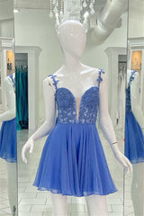 Prom Dress Long Elegent, Blue Deep V Neck Straps A-line Appliques Chiffon Homecoming Dress
