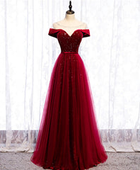 Formal Dresses 2039, Burgundy Round Neck Tulle Sequin Long Prom Dress, Tulle Formal Dress