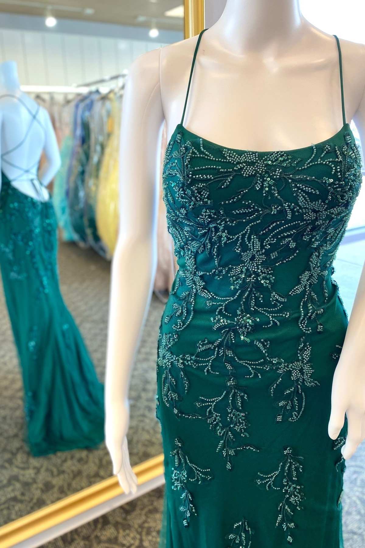 Party Dress Clubwear, Hunter Green Floral Bead Lace-Up Back Mermaid Long Formal Dress