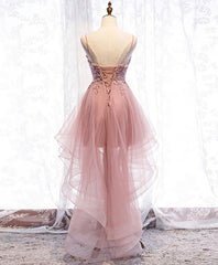 Party Dress Shopping, Pink Tulle Lace High Low Prom Dress, Pink Homecoming Dress, 1