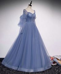 Bridesmaid Dresses Burgundy, Blue Tulle Sweetheart Long Prom Dress, Blue Tulle Formal Dress