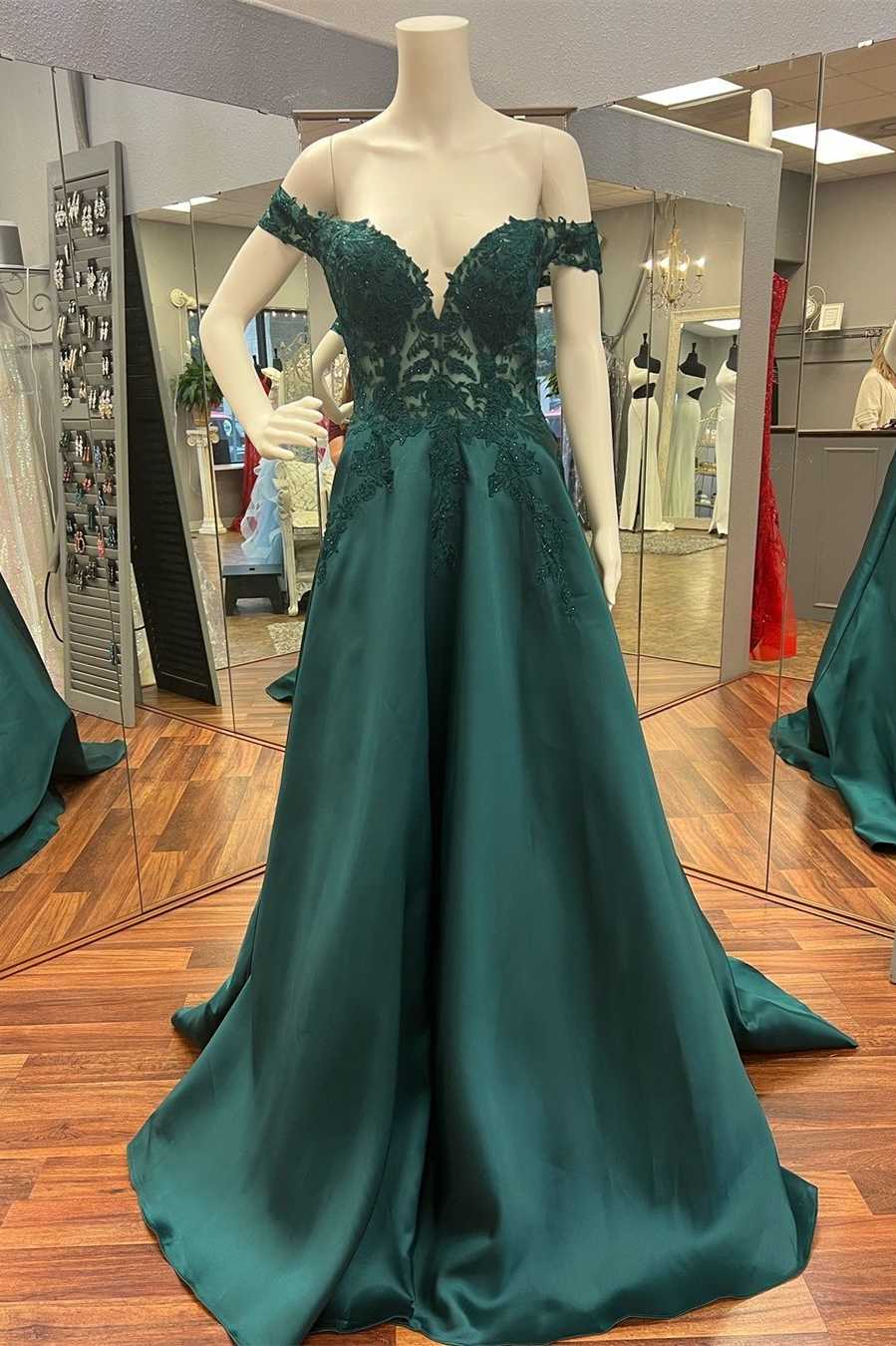 Party Dress Night Out, Hunter Green Lace Off-the-Shoulder A-Line Long Prom Dress