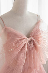 Homecoming Dresses Chiffon, Pink Tulle Beaded Long Prom Dress, A-Line Evening Dress with Bow