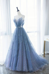 Formal Dress Winter, Blue Tulle Long A-Line Prom Dresses, Blue Evening Dresses with Beaded
