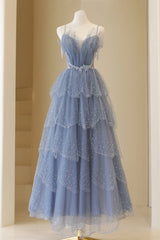 Formal Dress For Party Wear, Blue Tulle Layers Straps Beaded Long Prom Dress, Blue A-Line Evening Dress