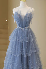 Formal Dress Long Sleeve, Blue Tulle Layers Straps Beaded Long Prom Dress, Blue A-Line Evening Dress