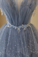 Formal Dresses Australia, Blue Tulle Layers Straps Beaded Long Prom Dress, Blue A-Line Evening Dress