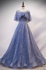 Formal Dress Store, Blue Tulle Sequins Long Prom Dress, A-Line Blue Evening Dress