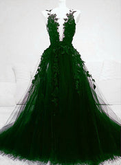 Formal Dress Outfit Ideas, Dark Green Tulle With Lace Deep Neckline Backless Prom Dress, Dark Green Party Dress