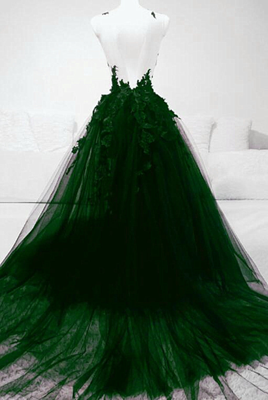 Formal Dresses Outfit Ideas, Dark Green Tulle With Lace Deep Neckline Backless Prom Dress, Dark Green Party Dress