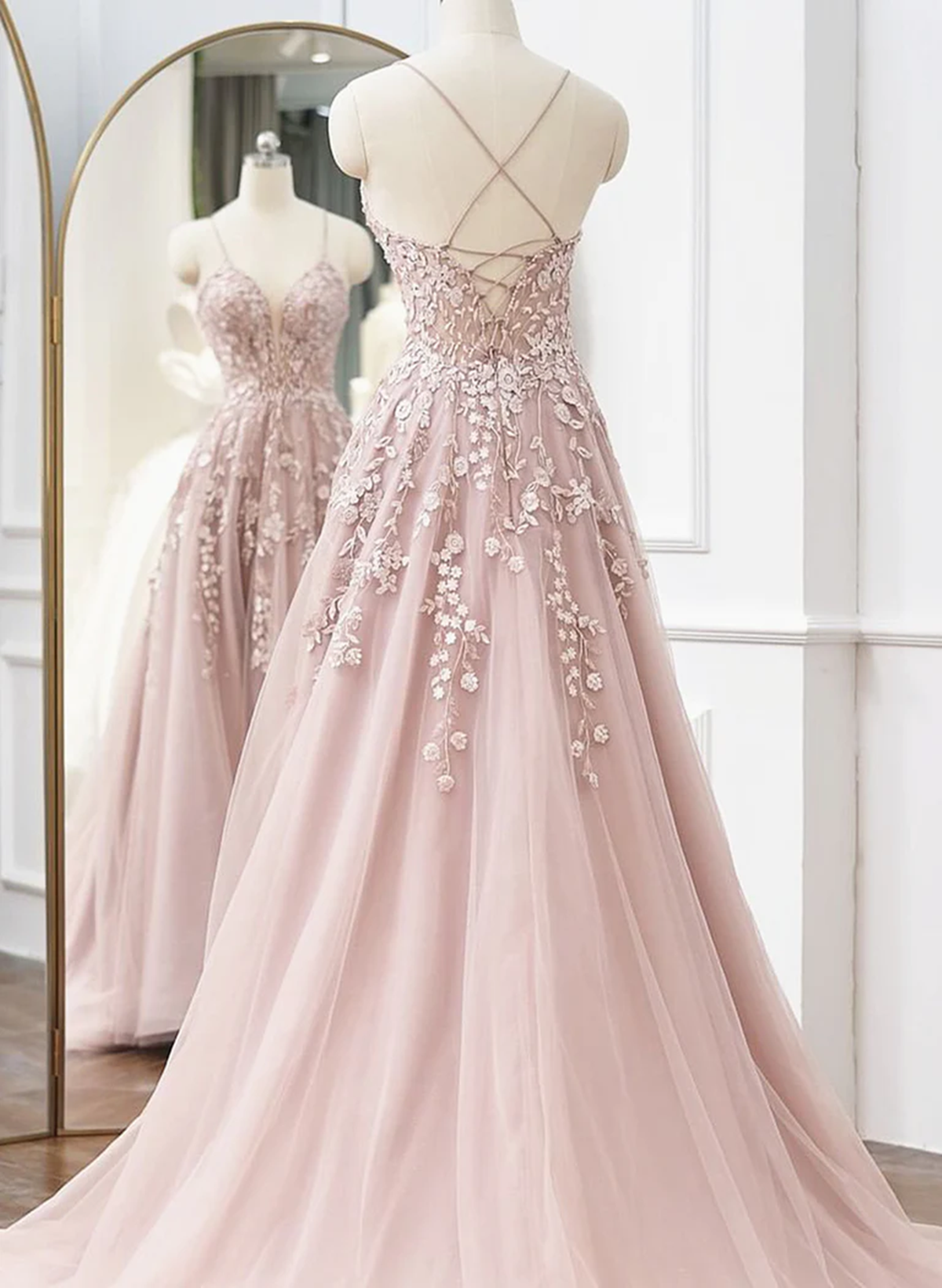 Formal Dresses Homecoming, Pink Tulle With Lace Straps Long Party Dress, Pink Tulle Prom Dress Evening Dress