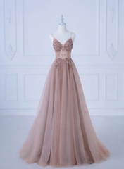 Formal Dress Fall, Pink V-Neckline Beaded Straps Long Party Dress, A-Line Pink Tulle Floor Length Prom Dress