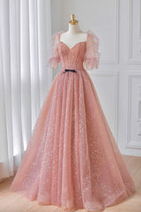 Homecoming Dresses With Sleeves, Pink Tulle Floor Length Prom Dress, Lovely Short Sleeve Graduation Party Dress