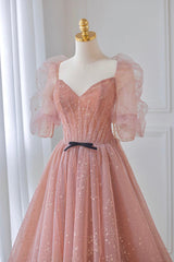 Homecoming Dresses Knee Length, Pink Tulle Floor Length Prom Dress, Lovely Short Sleeve Graduation Party Dress