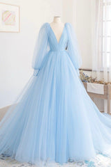 Formal Dress Short, Blue V-Neck Tulle Long Prom Dress, Long Sleeve A-Line Evening Party Dress