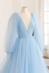 Short White Dress, Blue V-Neck Tulle Long Prom Dress, Long Sleeve A-Line Evening Party Dress